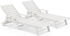 SERWALL Patio Chaise Lounge Chair Set of 2, 78'' Long 5-Positions Adjustable HDPE Outdoor Lounger for Pool, Poly Lounge Chair with Rolling Wheels & Cup Holder for Poolside, Deck, White