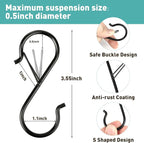 Navona 60 Pcs S Hooks for Hanging Heavy Duty, 3.5-inch Heavy Duty Metal S Hook with Safety Buckle, Suitable for 0.5 inch Rods, S Hook for Hanging Plants, Closet, Kitchen Utensil, Pot, Pan, Bags