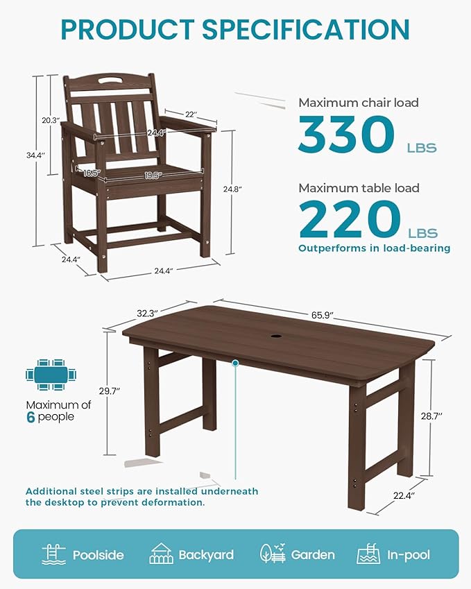 Ciokea HDPE Outdoor Patio Dining Chairs Set of 2, All-Weather Porch Chair with Wide Seat, Durable Outdoor Furniture for Backyard, Garden, Lawn & Poolside, Brown