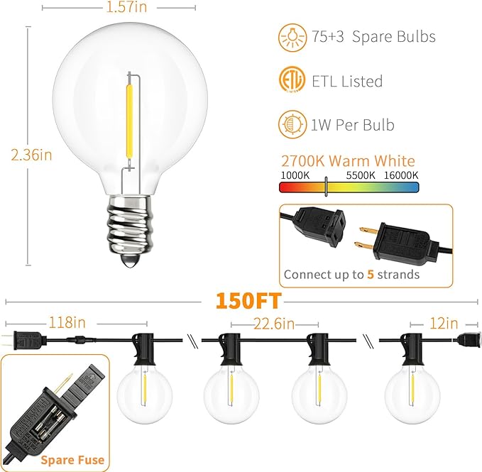 String Lights, 150 FT Warm White LED, Shatterproof and Waterproof
