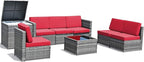 Tangkula 8 Pieces Wicker Patio Furniture Set with Storage Deck Box, PE Rattan Outdoor Sectional Sofa Conversation Set with Coffee Table & Cushions, Outside Furniture for Garden Yard Poolside (Red)