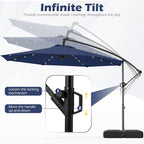 Tangkula 10ft Solar LED Patio Umbrella with Base, Offset Cantilever Outdoor Umbrella with 32 LED Lights, Infinite Tilt, 360 Degree Rotation, Crank Handle for Pool Deck Garden Backyard (Navy)