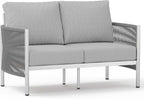 Aluminum Outdoor Patio Couch Loveseat, HDPE Rope Patio Sofa with Washable Thick Cushion, All-Weather Patio Furniture for Balcony, Yard, Silver Frame, Silver