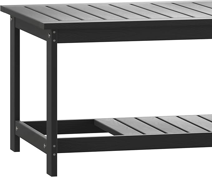 BizChair Two Tiered Commercial Grade Adirondack Coffee Table - Black Finish Poly Resin Wood - All-Weather - Slatted Shelf Design