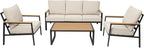Patio Furniture Set, 4 Pieces Outdoor Furniture Patio Conversation Set with High Back, Faux-Wood Armrest and Tabletop, Outdoor Couch Patio Sofa Set for Balcony, Porch, Backyard, Beige