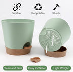 Indoor Self Watering Planters with Drainage Holes and Saucers, 8, 7, 6.5, 6, 5.5, 5 Inches, Green, 6 Pots.