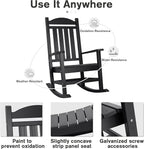 Devoko HDPE Rocking Chair Plastic Outdoor Indoor Patio Rocker Chair High Back All Weather Rocker for Patio Backyard Porch Garden (Black)