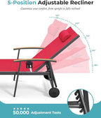 Ciokea Outdoor Lounge Chair with Pillow Set of 4, 5-Position Chaise Lounge with Wheels & Armrests, 400 lbs Heavy Duty Aluminum Pool Lounge Chairs, for Beach, Deck, Poolside & Backyard, Red