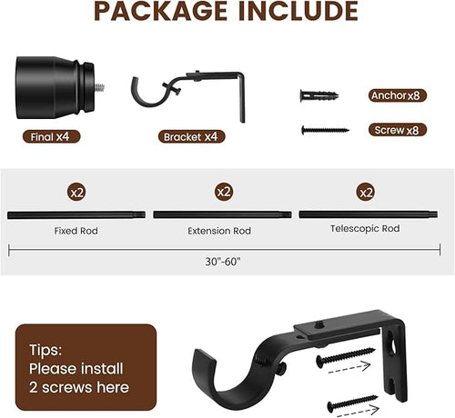 1” Diameter Matte Black Curtain Rod Itself is 30-60 inch 2 Pack, Fit 30 to 56 Windows with Heavy Duty Adjustable Telescopic Rod，Splicing Metal Extra Long Curtain Rod for Windows Sliding Glass Door