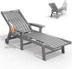 Patio Chaise Lounge Chair, Oversized Lounge Chair Outdoor with 5 Positions, HDPE, Patio Lounge Chair with Wheels & Cup Holder for Pool, Deck, Poolside,Grey