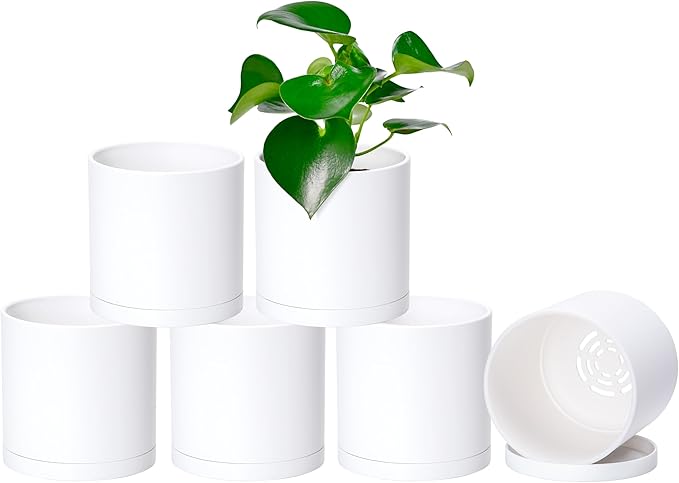 Planters Set of 6 Matte White Plastic Plant Pots with Saucers, 5 Inch