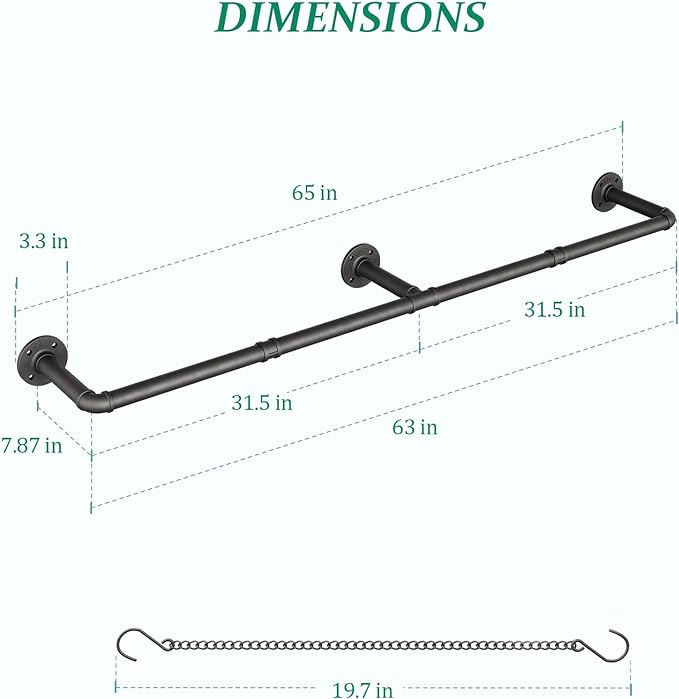 Plant Haning Rod, 2 Pack Hanging Planters for Indoor Plants with 6 Chains, Wall Plant Hanging Bar for Window Celling, 65.7 Inch, Metal Black, Pots Not Included