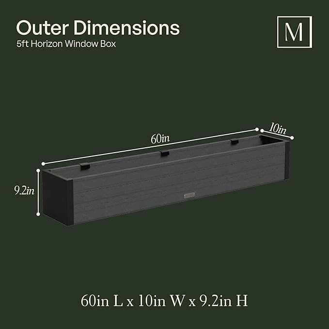 Mayne Horizon 5FT Window Box Planter – Modern Rectangular Faux Wood Grain Design for Windows, Durable All-Season Outdoor Flower Box with Drainage, Easy Installation