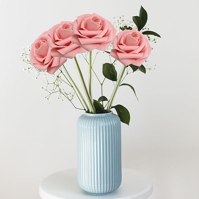 Artificial Pink Roses, 200 Pieces with 100 Leaves, Wired Stems