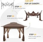 COOSHADE 13x13 Pop Up Gazebo Tent Outdoor Canopy Patio Shelter with Mosquito Netting(Brown)