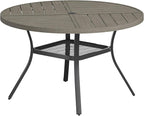 VICLLAX Round Patio Table with Adjustable Umbrella Hole for 6, All Weather Metal Outdoor Dining Table for Lawn Garden, 47.2" Outdoor Coffee Table, Grey Wood-Like Tabletop