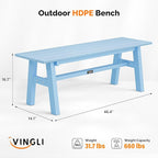 VINGLI 47” Outdoor HDPE Bench, Weatherproof Garden Bench w/Metal Legs, Poly Lumber Porch Benches, 660 LBS Capacity Outdoor Backless Patio Benches for Entryway Deck (Blue)