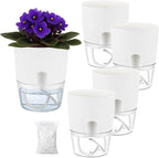 Planterhoma 5 Pack Self Watering Pots for Indoor Plants, 4 Inch Plant Pot Plastic Self Watering Planter for Orchid, African Violet, Small Clear Flower Pots with Drainage Holes and Wicking Rope, White