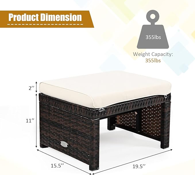 Tangkula 2 Pieces Patio Rattan Ottomans, All Weather Outdoor Footstool Footrest Seat with Soft Cushion, Hidden Zipper, High-Density Sponge, Wicker Ottoman Seat for Patio, Garden, Poolside (White)
