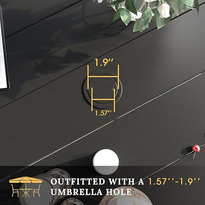 VICLLAX Patio Dining Set for 6, All Weather Metal Outdoor Furniture Set- 47" Round Patio Table and Chairs, Black Tabletop and Red Fabric