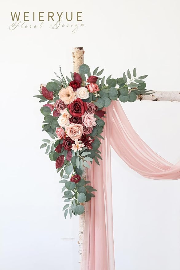 Artificial Flowers Arch Swag Kit with Chiffon Drape, Cream Red, 3-Piece