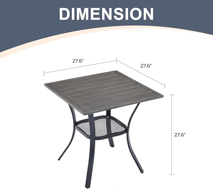 Square Metal Patio Dining Table with Bottom Shelf, Grey
