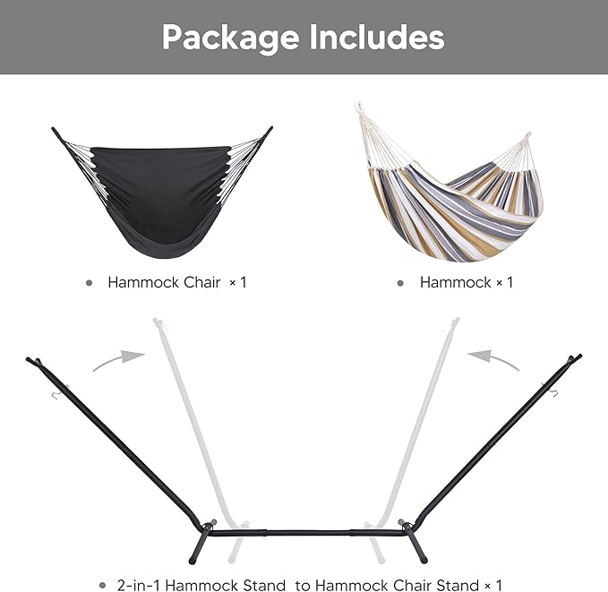 SUNCREAT 2-in-1 Convertible Double Hammocks 2 Person Heavy Duty, Large Patio Hammock with Space Saving Stand, Patented, Coffee Stripe