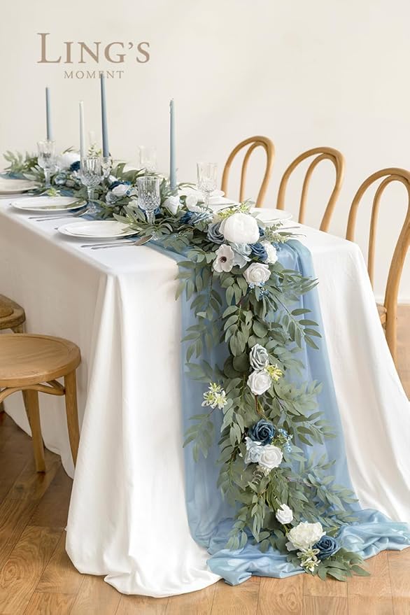Artificial Flowers Garland, 6 Ft Dusty Blue Rose and Eucalyptus Vine