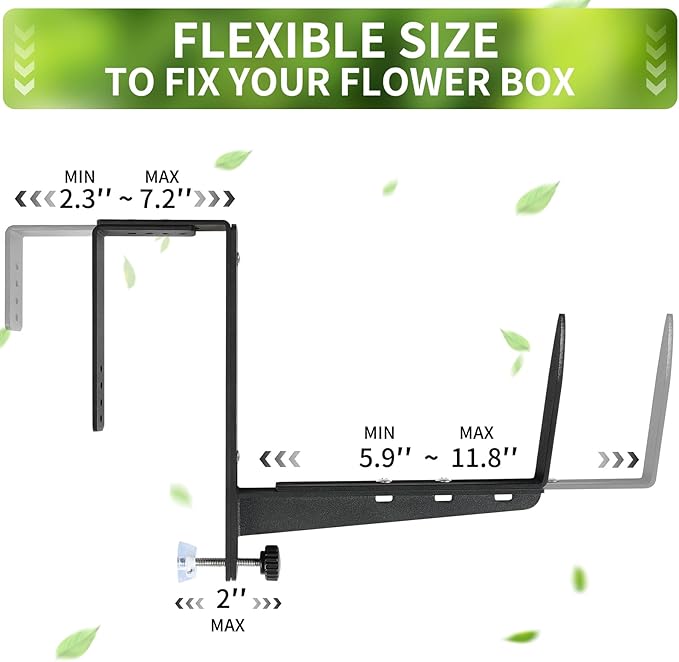 Window Box Brackets, Adjustable Planter Box Brackets, Heavy Duty Iron Flower Box Bracket for Deck Railing with Upgraded Bottom Support - Ideal for Balconies, Fences, and Gardens (4 Pack)