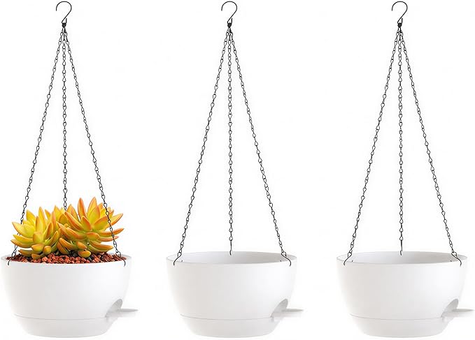 Hanging Planters, 3-Pack 10 Inch Self-Watering Pots with Drainage Holes and Chains, Matte Plastic Planters for Indoor/Outdoor Plant（White）