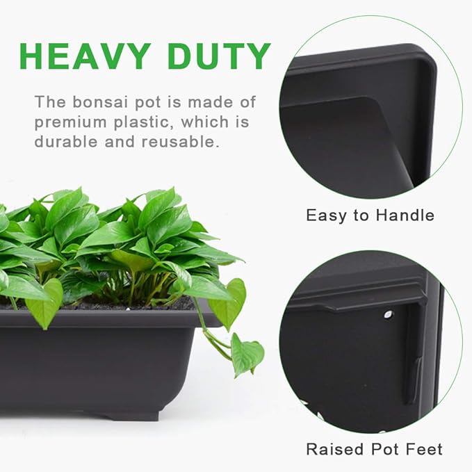 Bonsai Pot Set, 9 Inch Black Plastic, 3 Pack with Drainage Holes