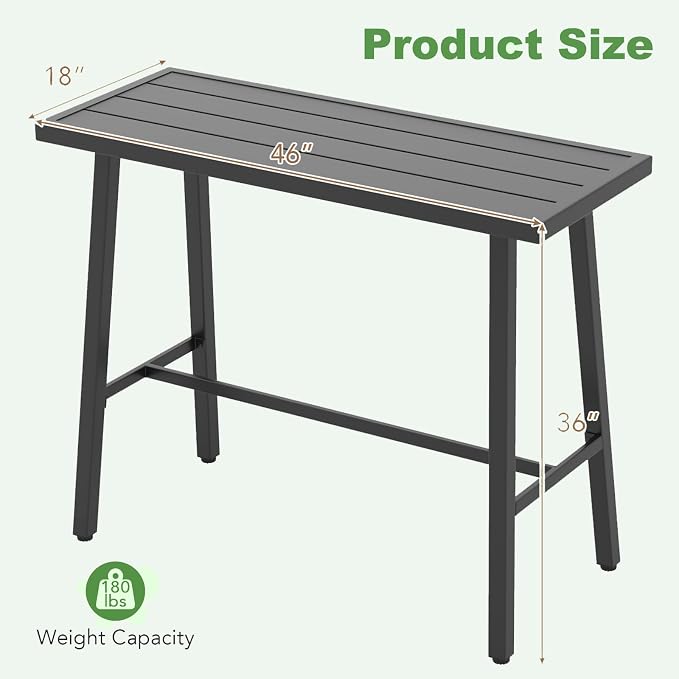 Bar Table, 46-Inch Metal Rectangular Pub Table in Black, Seats 4-6