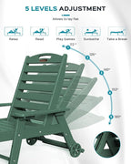 Outdoor Chaise Lounge Chair Set of 2, Patio Lounge Chairs for Outside, HDPE Lounge Chair with Wheels & Cup Holder, Poly Chair with 5 Position for Poolside, Deck, Green