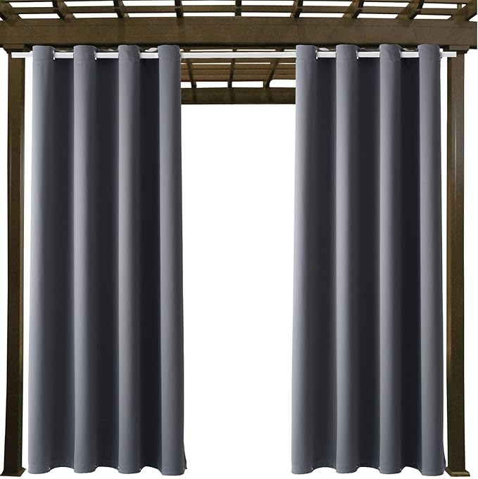 Water Proof Outside Curtains with Grommet Top for Porch, W52 x L72 Thermal Insulated Washable Light Block Outdoor Divider Drapes for Patio Gazebo Deck Pool Area Pergola Cabana (Gray, 2 Panels)