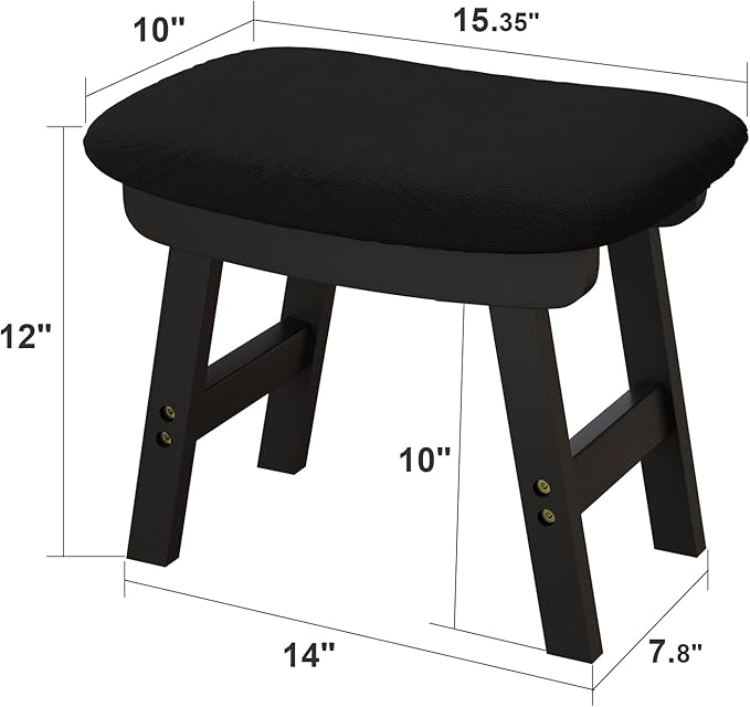 Small Ottoman Foot Rest, Black Foot Stool- Wooden Foot Stool for Living Room, Bedroom & Kitchen
