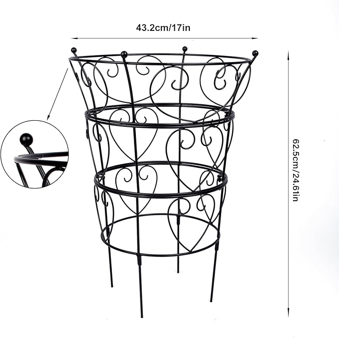 Obelisk Trellis for Peonies, Black Metal Heart Cage, 24.6 x 17 Inch