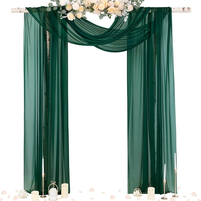 Outdoor Curtains, Sheer Chiffon Wedding Arch Drapes, 4 Panels, Emerald Green
