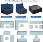 Tangkula 7-Piece Patio Furniture Set, Outdoor Sectional Wicker Sofa with Pillows and Cushions, Conversation Set with Coffee Table & Tea Table for Garden, Lawn (Navy Blue)
