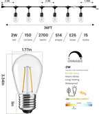 Svater 36 FT Outdoor String Lights 2W, Commercial Grade Patio Light with 13 pc Edison Shatterproof Bulbs, IP65 Waterproof LED Hanging Lighting for Bistro Cafe Market Outside Backyard, Warm White 2700K