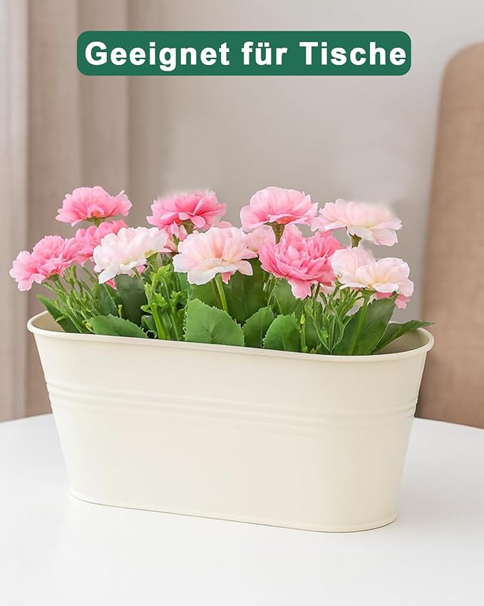 Metal Railing Planters for Outdoor Plants - 5 Pcs Balcony Hanging Flower Pots with Detachable Hooks & Drain Holes, Windowsill Oval Hanging Bucket Pots Fence Planters for Garden Home Decor, Cream White