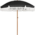AMMSUN 7ft Patio Umbrella with Fringe Outdoor Tassel Umbrella UPF50+ Premium Steel Pole and Steel Ribs Push Button Tilt, Black