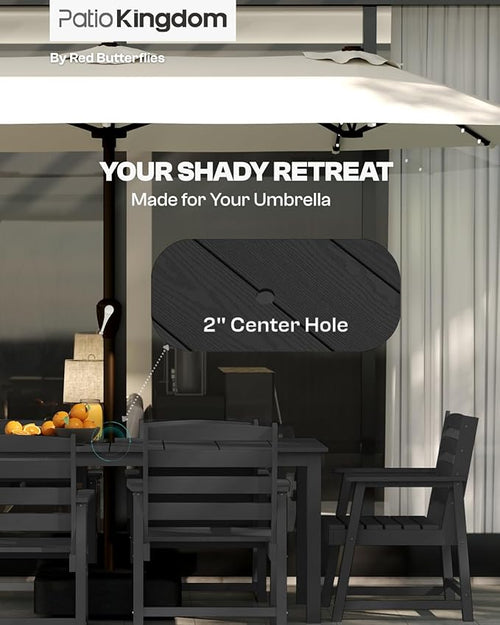 5-Piece Black Outdoor Dining Set with White 15FT Large Patio Umbrella, 75.2'' HDPE Table & Chairs for 8, Weather-Resistant Furniture with Umbrella Hole for Patio, Lawn, Poolside