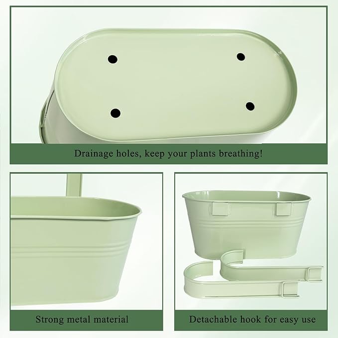 Balcony Hanging Planters Flower Pots, 10" Metal Flower Pots for Outdoor Balcony Rails, Fence Pot Hanging Plant Holders with Detachable Hooks for Garden Patio Yard Decor (Mint Green, 4Pcs)