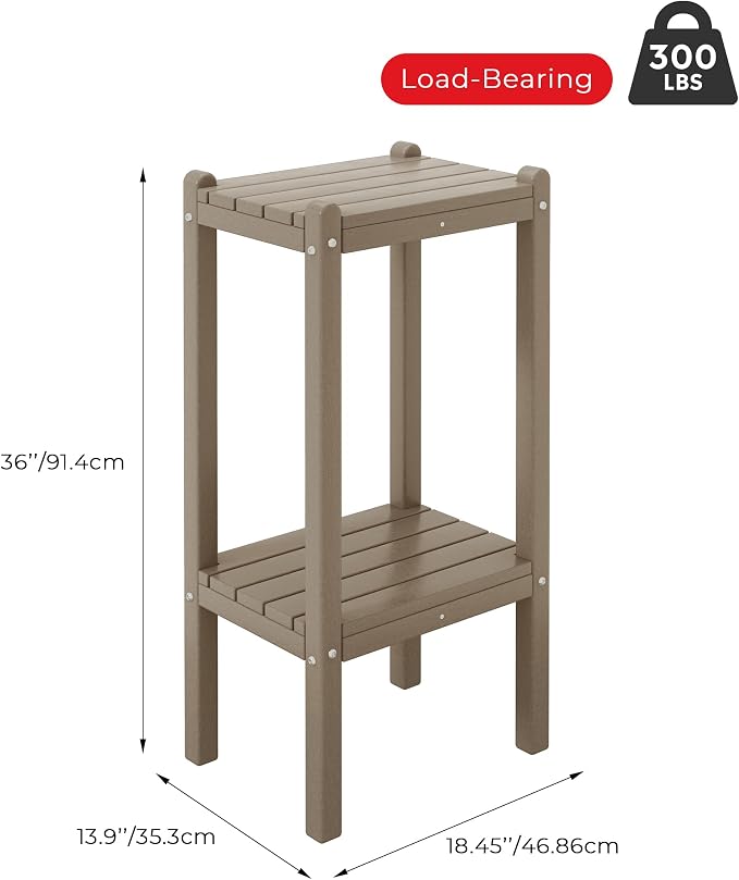 Side Table, Weathered Wood HDPE, 2-Tier 36-Inch Outdoor Patio
