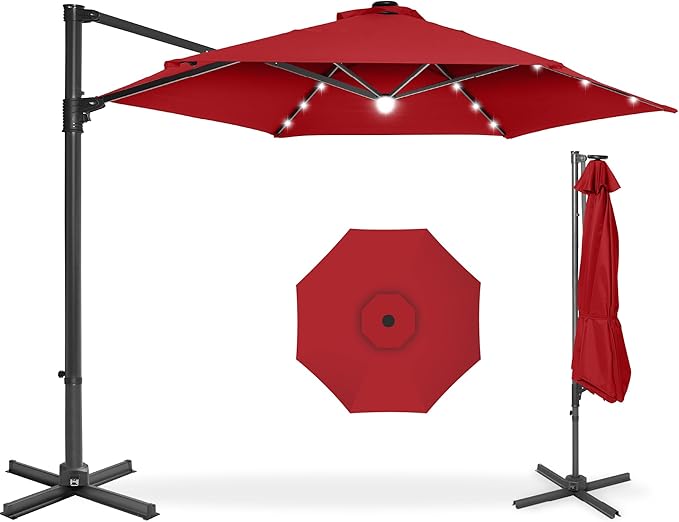 Best Choice Products 10ft Solar LED Offset Cantilever Hanging Market Patio Umbrella, Smooth 360° Rotation, 8 Sturdy Ribs, Easy Adjustment - Red