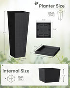 Greesum Set of 2 Tall Plastic Planters with Saucer, 32 Inch Large Pots with Drainage Trays, Weather-Resistant Plastic Plant Containers for Patio, Porch, Garden,Black
