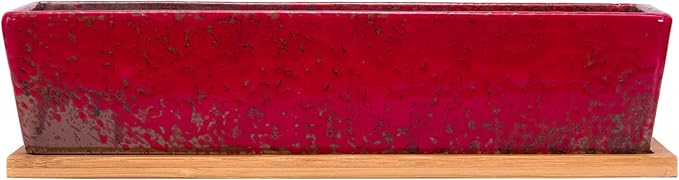 Succulent Pots - Large Succulent Planter Pots with Drainage, 12 Inch Long Rectangle Bonsai Pot with Bamboo Tray Shallow Ceramic Cactus Flower Planter Window Box for Home Garden Decor (Red)