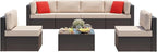 Vongrasig 7 Pieces Patio Furniture Sets, Outdoor Modular Sectional Sofa Patio Conversation Set PE Rattan Wicker Sectional Couch with Cushion, Glass Table for Patio, Garden, Poolside, Beige