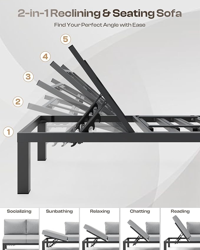 Aluminum Outdoor Patio Sofa Set, 2 Seats Modular Sectional Reclining Loveseat Sofa with Adjustable Backrest & Removable Cushions, All-Weather Conversation Sets for Garden & Yard, Gray