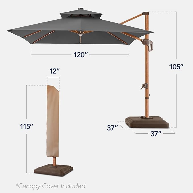 Best Choice Products 10ft Square Cantilever Patio Umbrella w/Base Included, Woodgrain Pattern Pole & Solar LED Lights, 360-Rotation, Offset Hanging Outdoor Shade - Gray